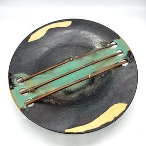 Mixed Media Studio Pottery Ceramic Bowl w/ Bamboo Artist Signed 13” Vintage